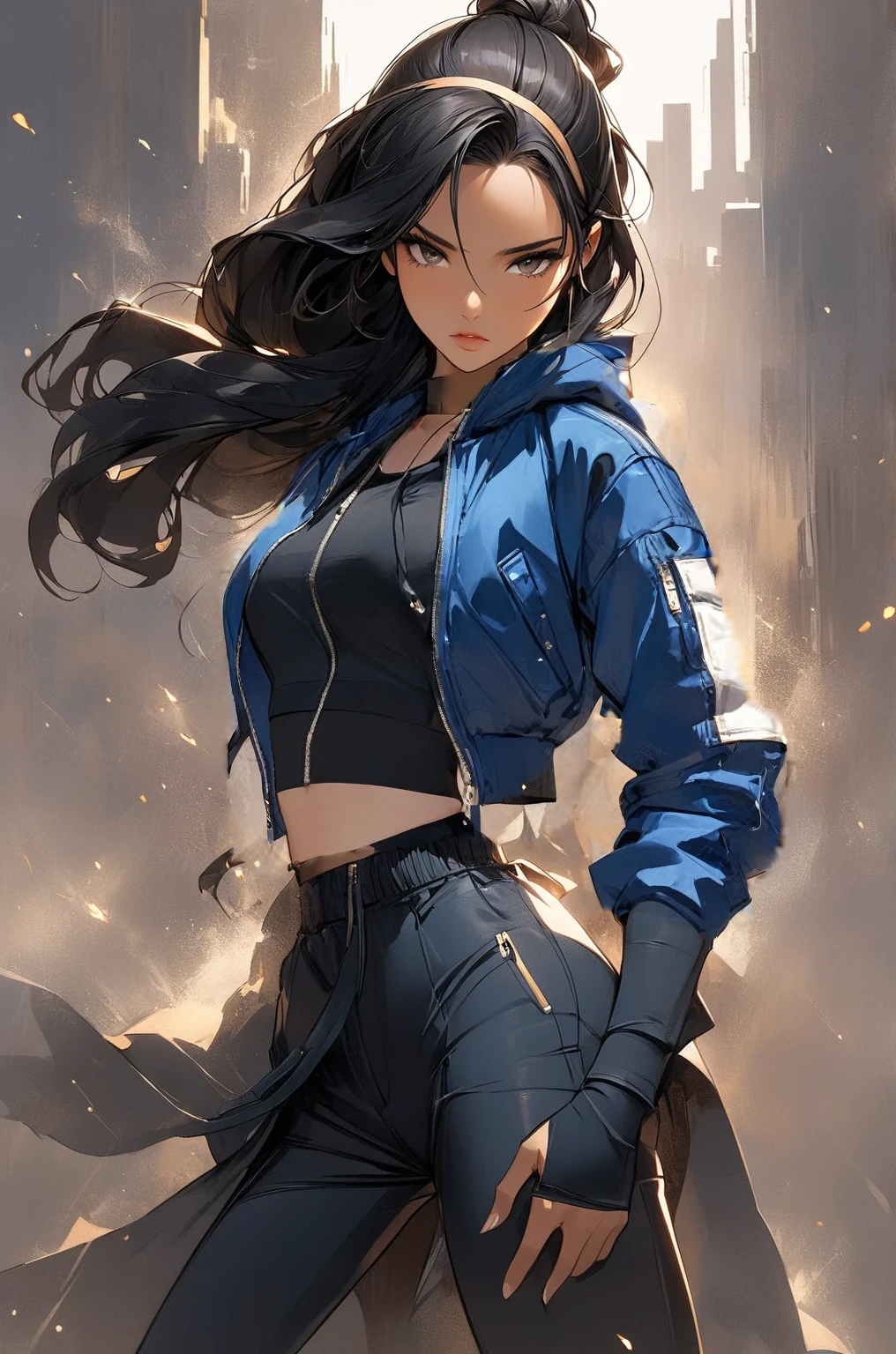 stylish blue bomber jacket with hoodie over a fitted black crop top.