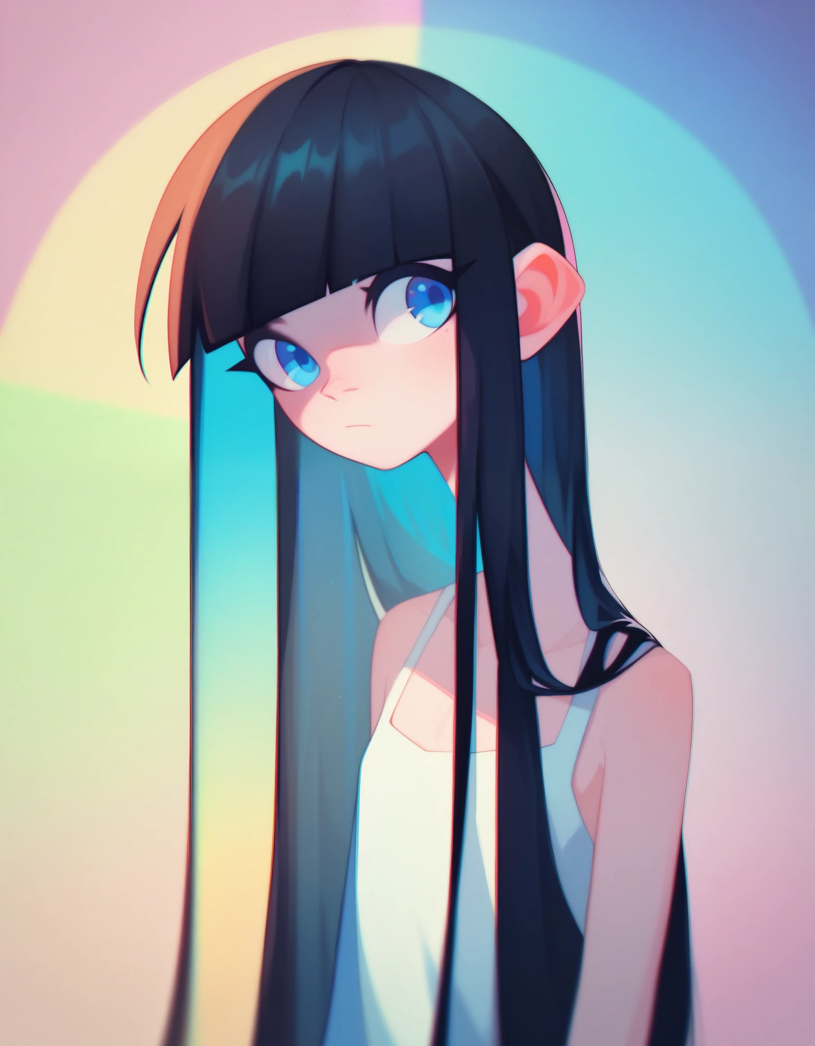 muse_style, score_9, score_8_up, score_7_up, hd, ultra hd quality details, 8K, 1girl, Lob (long bob), small , flat chest, Thin-legged body, blue eyes, Black hair, chromatic aberration, colorful, bright colors,, 2d illustration, pastel colors,