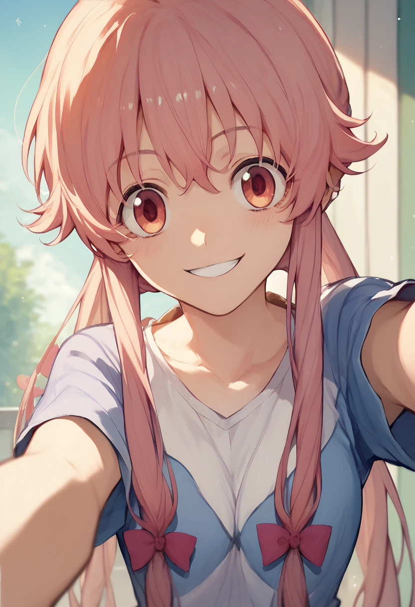 Yuno Gasai - Mirai Nikki  animeソース　（anime）　（ OFFICIAL ART）　（ very detailed）　 Hi-Res　 high quality　Selfie　smile