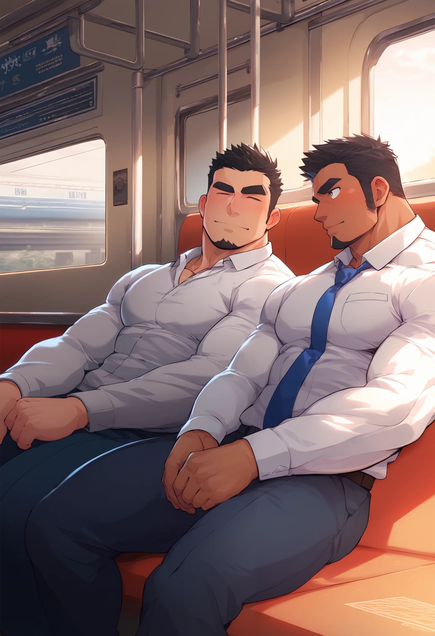 Masterpiece, Best quality, Male, Japanese, Black hair, Muscular, Beefy, Thick eyebrows, Dark skin, White long sleeve shirt, Shirt open, Black slacks, Blue tie, Train seat, Two people sitting next to each other, Two men, Train, Dozing off, Sleeping leaning against each other, Touching each other secretly, Blushing