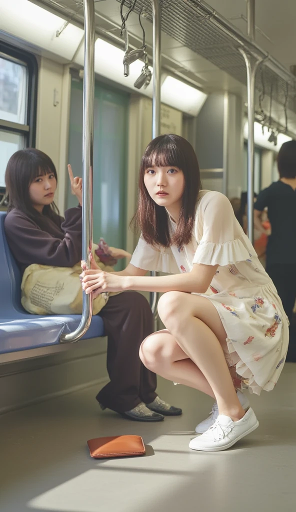 Wearing a blouse and miniskirt with a very open chest during the commute, bending over and leaning forward, they put one knee on the floor and pick up a wallet that fell at their feet、Photographed from the front of the body,