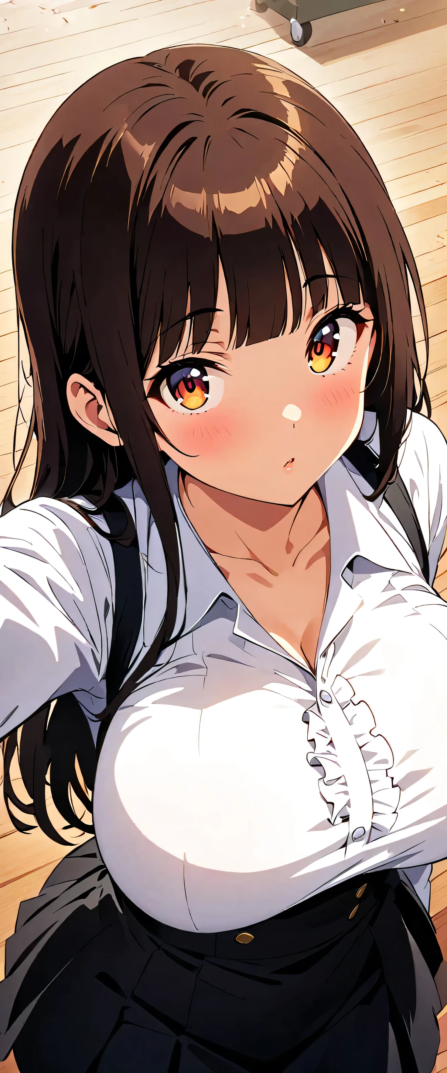 (overhead shot:2.0),(beautiful girl:1.3),masterpiece,Please redeem,Ultra-high resolution,rich contrast,Very high quality,8k,Highly detailed CG unit wallpaper,Texture,So ridiculous,RAW Photos,Highest quality anime,anime-style illustration,studio anime style,professional photograph,an extremely delicate and beautiful,Depth of written boundary1.2,ultra-detailed eyes,Glowing Skin,Beautiful glossy lips,Big eyes,Round eyes, long hair,Brown Hair,blunt bangs,,Curvy Women,(suspender skirt,black),black pleated skirt,(white frilled shirt),long sleeve, plush, bed,slim,huge breasts,big and round butt,pale skin,Cute Girl's Room,Kawaii decorations,Calm,bashou \(Senran Kagura\),Surprised