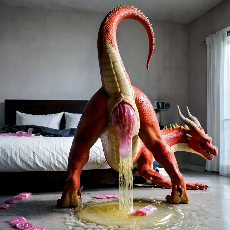 (good quality), ((((huge dragon, realistic, solo, excessive urine, condom hanging from cloaca, tail up, rear view, bedroom))))
