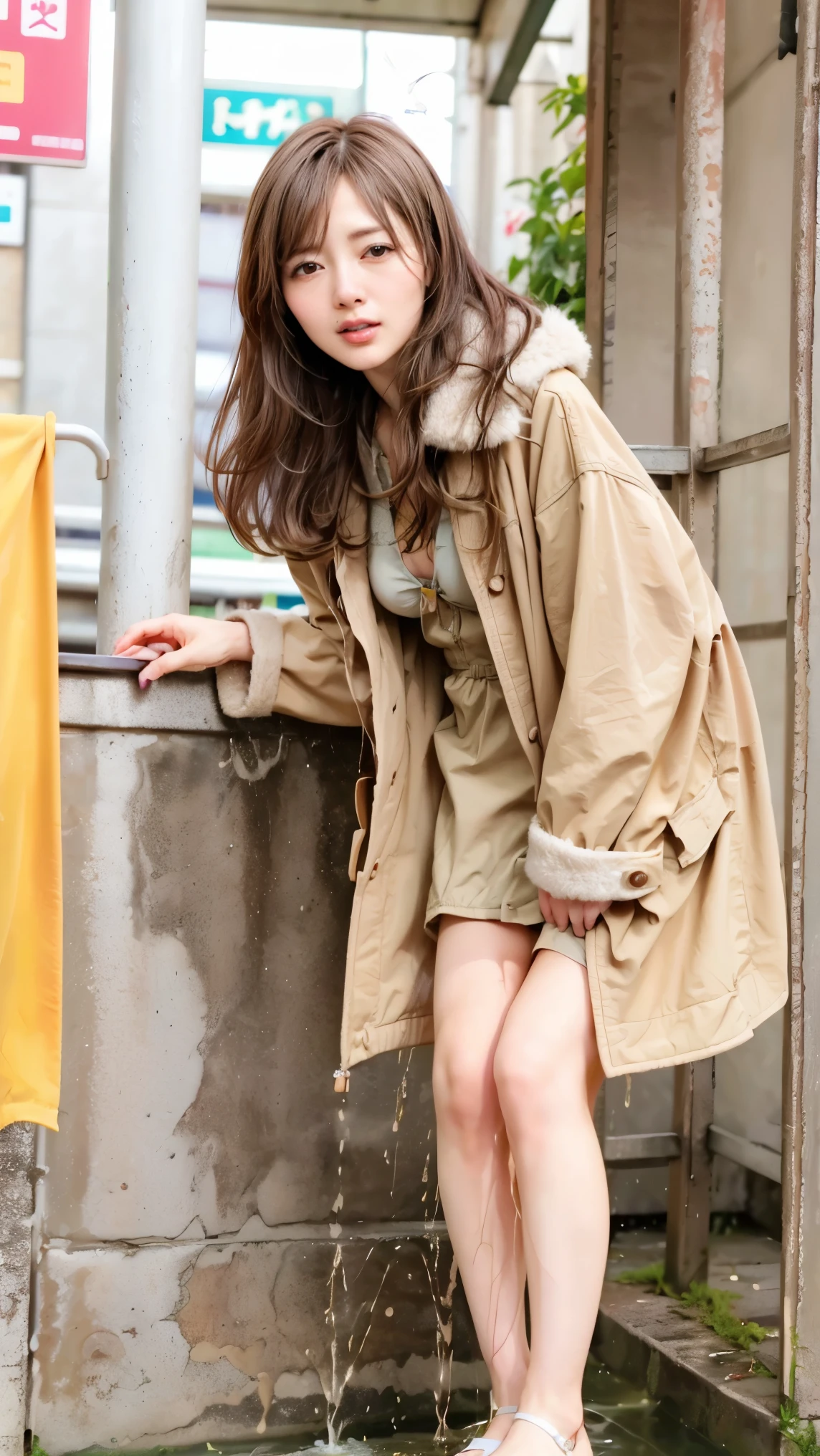 realistic, photo-realistic, masterpiece, best quality, RAW photo, high resolution, intricate details, full body, solo, a 31 years old Japanese woman, medium breasts, (micro bikini:1.2), (standing leaning forward with open casual coat, white coat:1.3), open toe sandals, smaller face, (detailed face, detailed eyes, sophisticated nose), (lewdlook, half-closed eyes, half-open mouth), fine-textured skin, pale skin, shiny skin, sweaty, (pov remote-controller, remote_play, remote_vibrating:1.4), (peeing self, urination:1.5), (pee runny down her legs,oee puddle), photo background, indoors, supermarket, shelves,