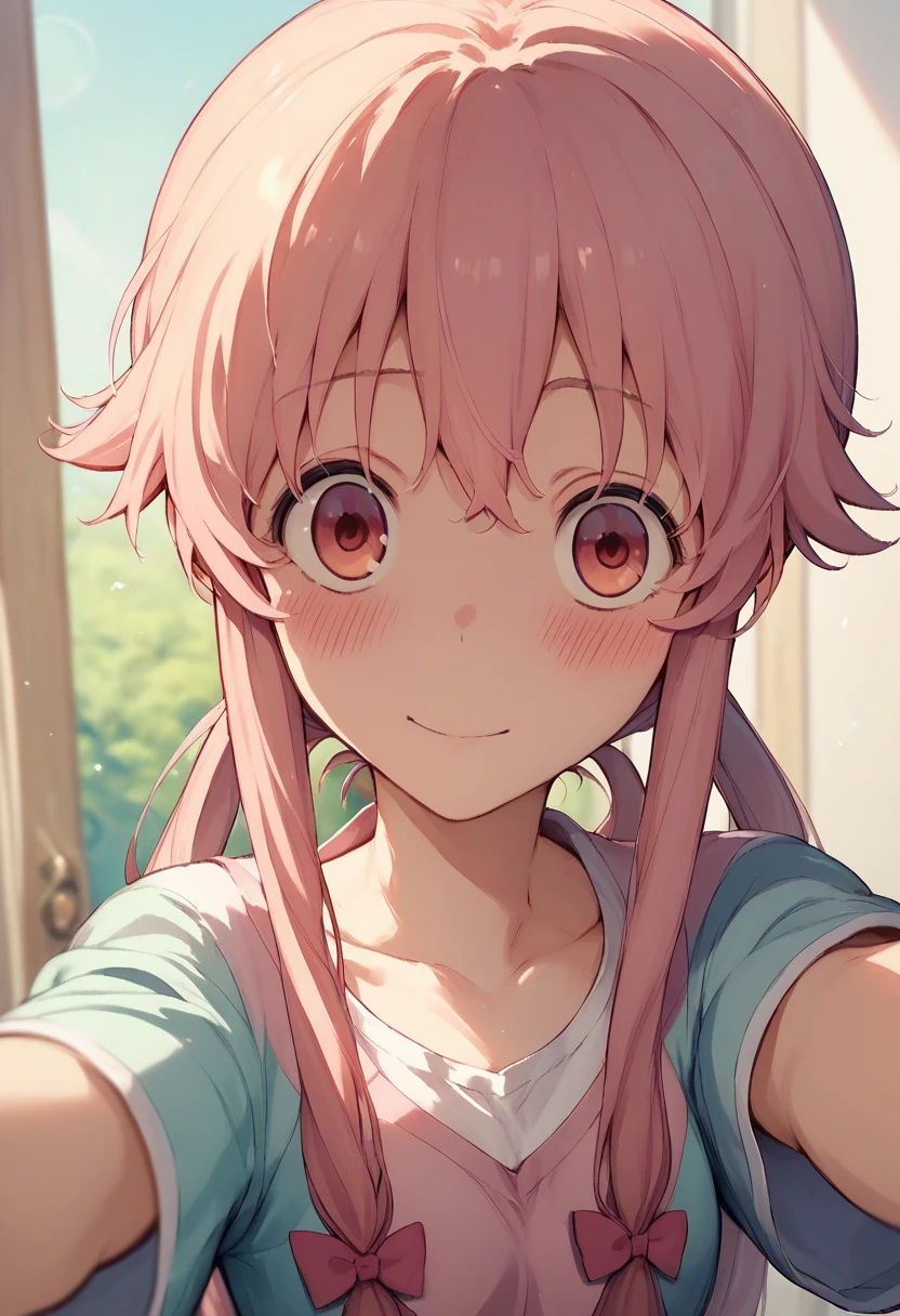 Yuno Gasai - Mirai Nikki  animeソース　（anime）　（ OFFICIAL ART）　（ very detailed）　 Hi-Res　 high quality　Selfie　blush