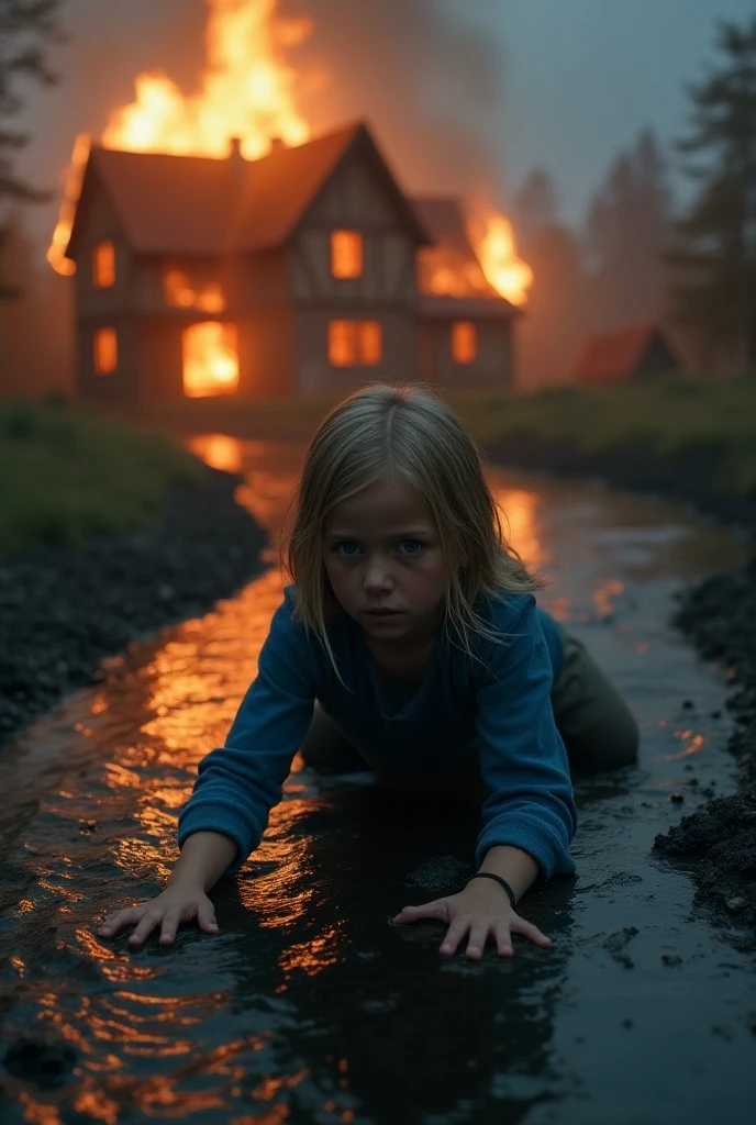 Create an engaging image for my fantasy book cover. The scene takes place at night, illuminated only by the light of the flames. En el centro de la imagen, a 4 year old Swedish blonde girl with straight hair crawls trying to get to a river that is in front of her. in background whith, a little far away, a fantasy medieval house burns in flames, throwing ashes and flames that fall dangerously towards but don't hit her. The atmosphere should be epic.