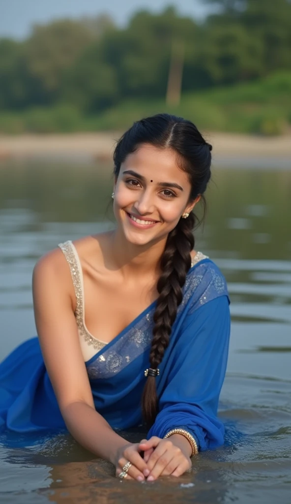 close up photo of 30 years old pooja hegde, doing hand to big penis lying on river, swooping breasts, deep cleavage, look at camera, blue saree, French braid hair, 4K, HD