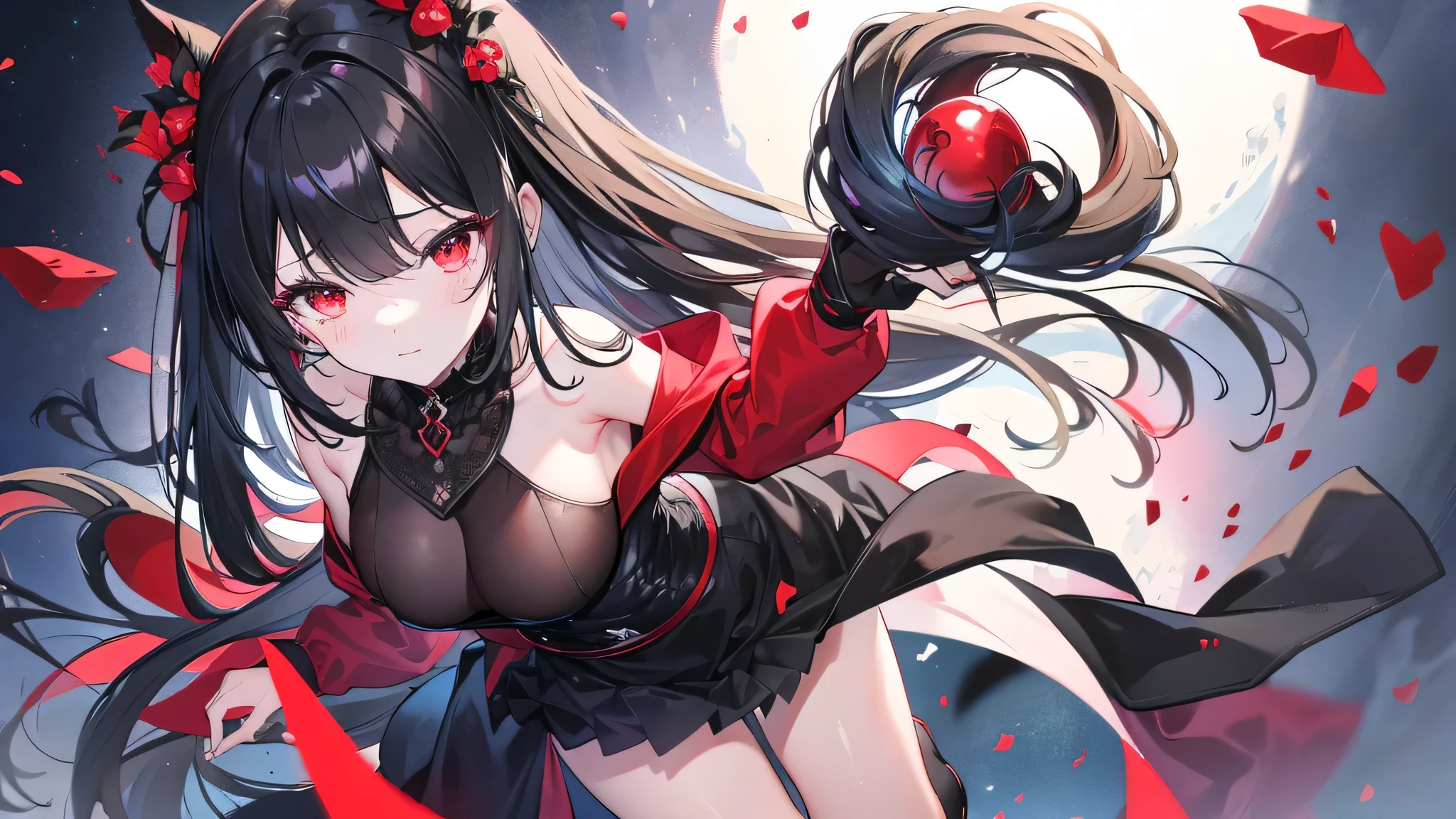 (Exquisite eyes),(Clear and beautiful eyes:1.61),masterpiece, 1 young girl,(Black clothes and some red gems), Black long hair, (She has a huge red gem on her chest), Good Hand,((The Havoc of StarCraft)),full-body shot,Fighting Stance,(Red Eyes:1.466)，short and small,(Very big breasts:1.35),(Pretty Face),(full-body shot:1.33),Beautiful hands