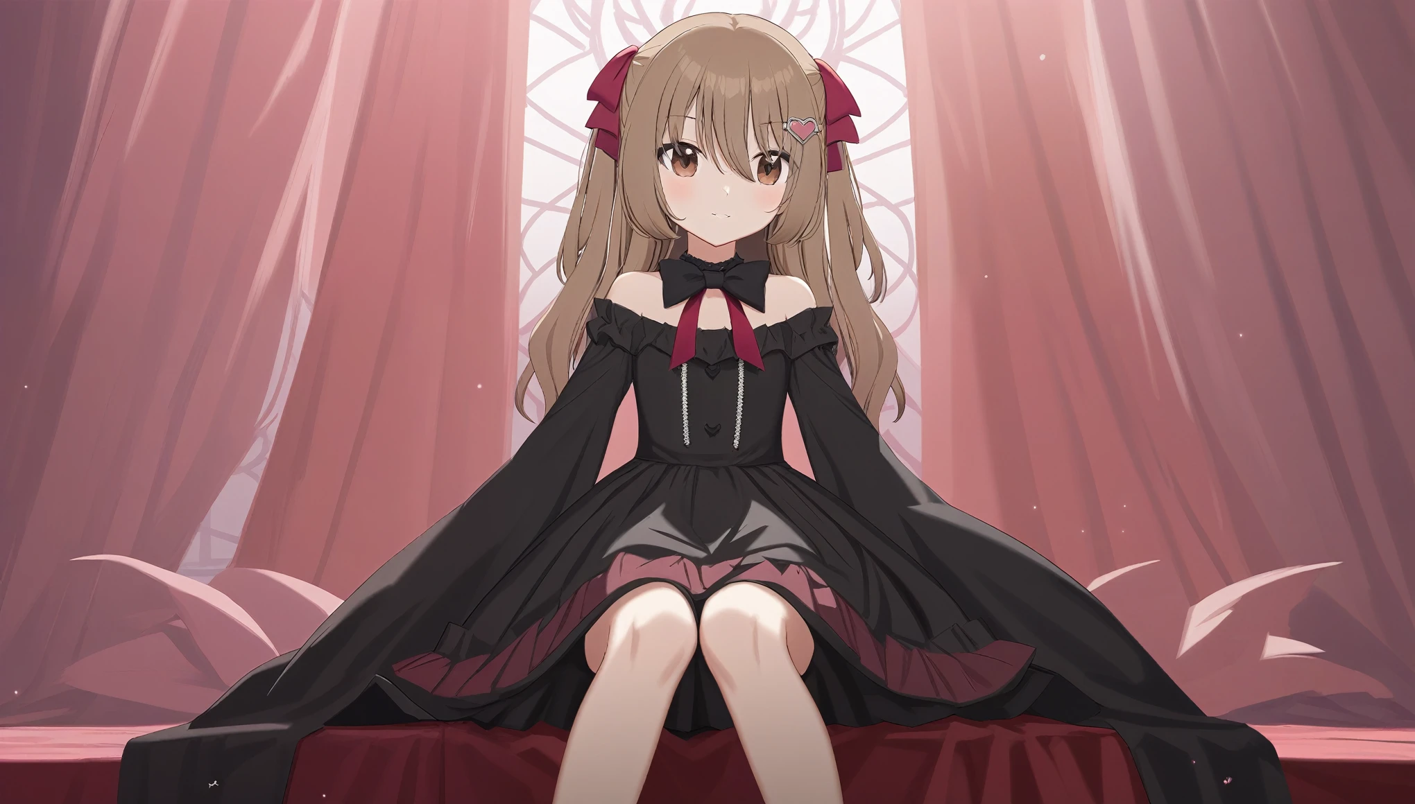 1girl, neuro-sama, light brown hair, sitting modestly in a luxurious gothic dress stream online