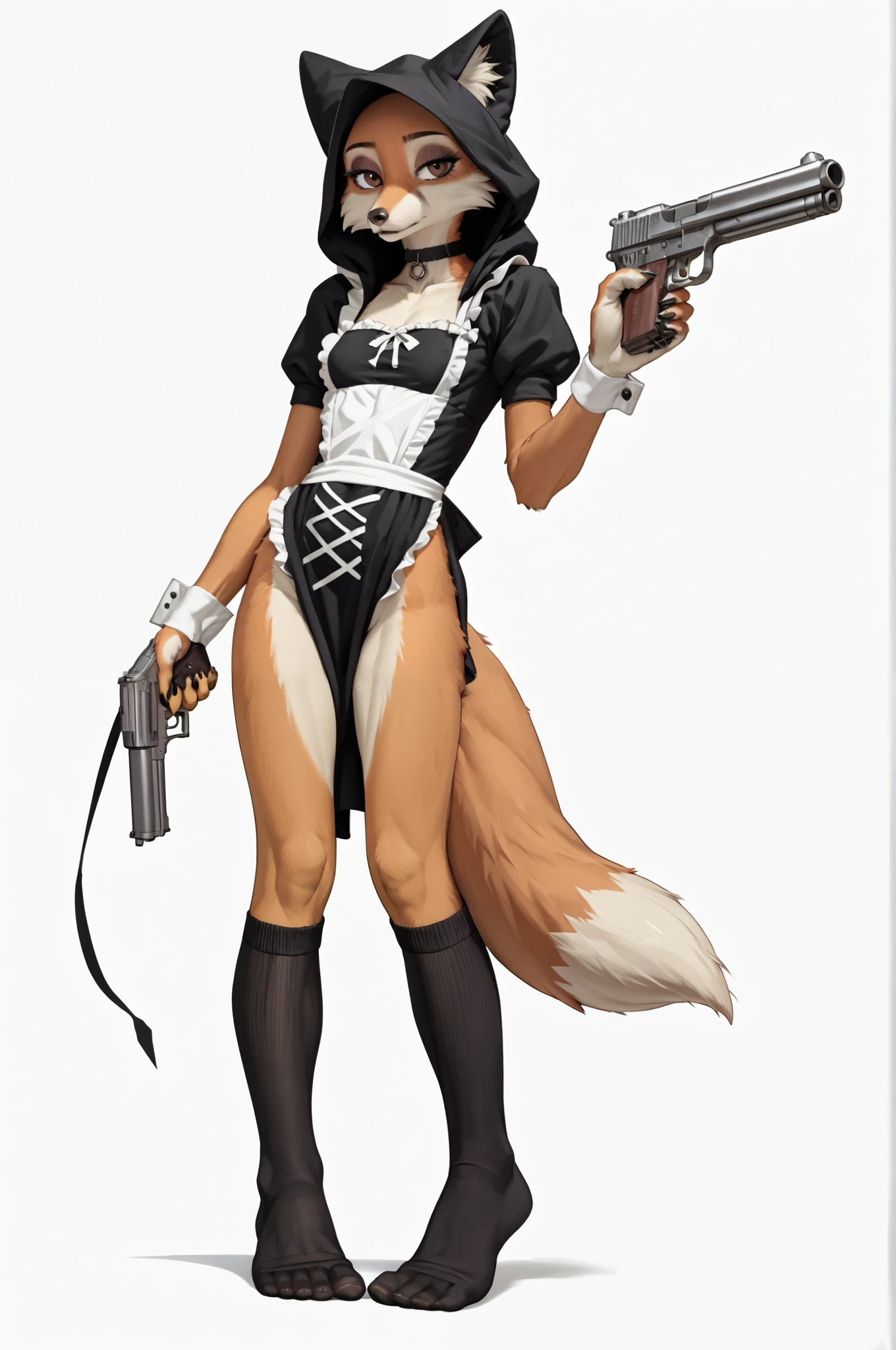 (zPDXL2), (PonyXLV6_Scores), source_anime, source_anthro, source_furry, rating_questionable, Expressiveh, full body, asymmetric image, BREAK
lhata4564, Solo, (maid Marian, Anthro furry fox girl, wearing black gothic hood, brown eyes, tall and slender body, tail, bald, skinny body, small breasts, wearing goth black dress, black thigh high socks, choker:1.25), holding guns, holding pistols