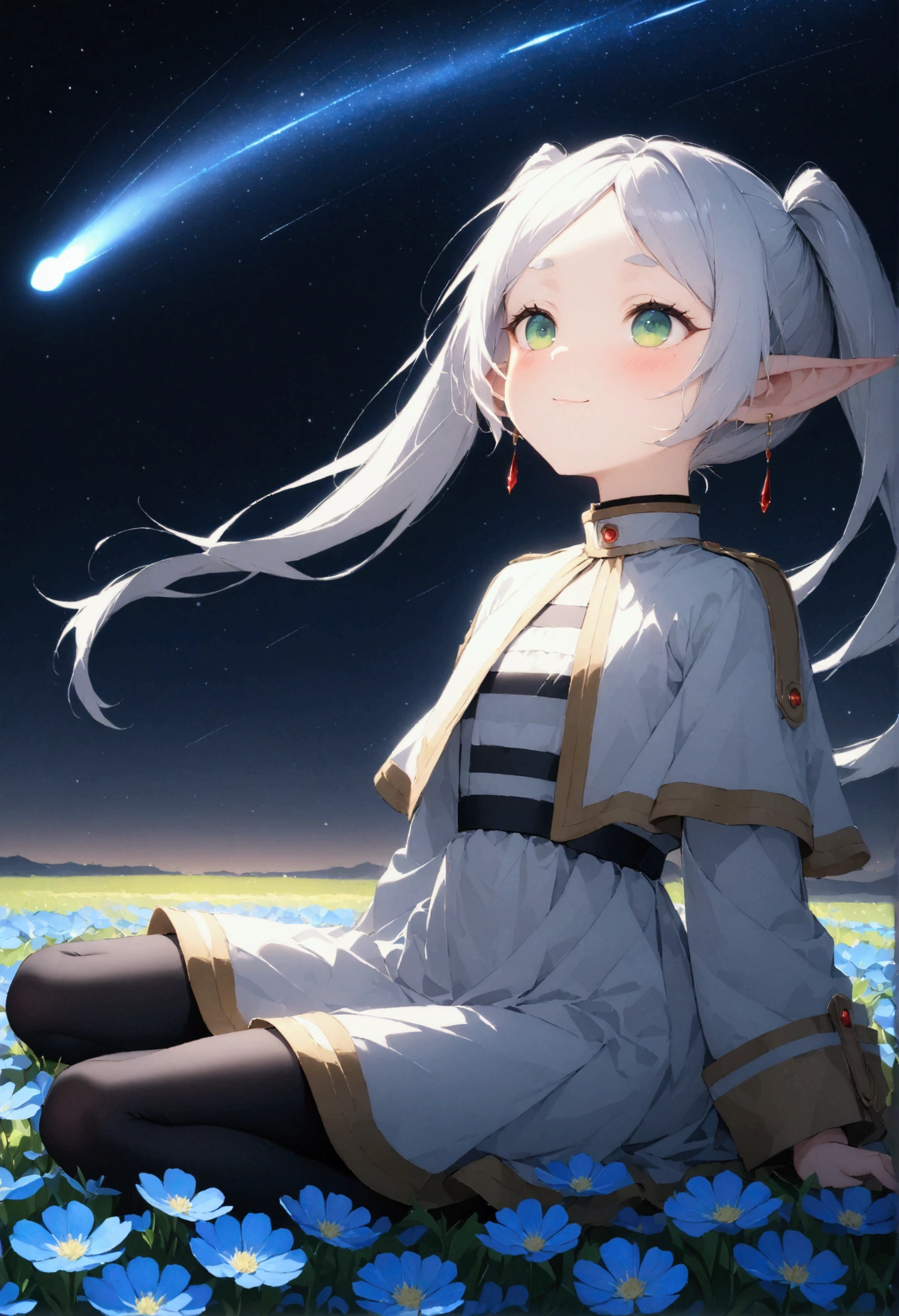  High image quality 、masterpiece、   high quality、Full HD、4K、画面の半分以上をNight Sky、 standing、 one girl sitting on the ground 、View from the side、 Funeral Freelen、 Silver Hair、 twin tails、Green Eyes、Elf Ears、 White Dress 、 striped inner、skirt with gold hem 、Black tights、 flat chest、Blushing cheeks 、 looking up at the sky 、Look Up、smile、Blue Flower Field、Standing in a flower field、Night Sky、 shooting stars、Meteor Shower