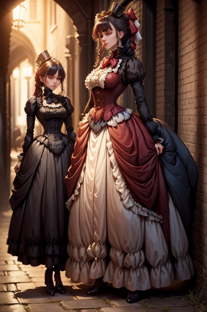 Noble ladies fashion full body in Victorian Era dress red, blue, green a conservative full body pose of a 1910 woman wearing a small hat and business attire and a long skirt , standing in a dark alleyway with gas lighting, a full moon in the background, beautiful character painting,Extremely dark 