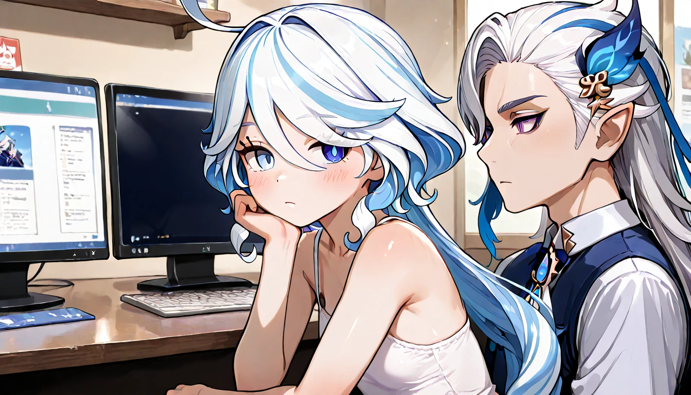 ((top quality)),((masterpiece)),((perfect face)),(ultra-detailed),ultra high res, 8k, 1girl, 1boy, furina (genshin impact), neuvillette (genshin impact), computer shop, bored look, white hair, exquisite, (very aesthetic:1.2), (absurdres:1.2), (detailed background),newest, perfect anatomy,