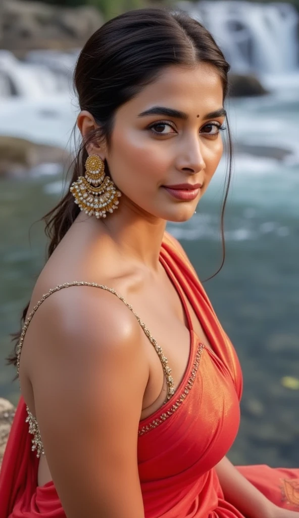  close up photo of a beautiful woman sitting near a waterfall with perfect cleavage in a half draped saree