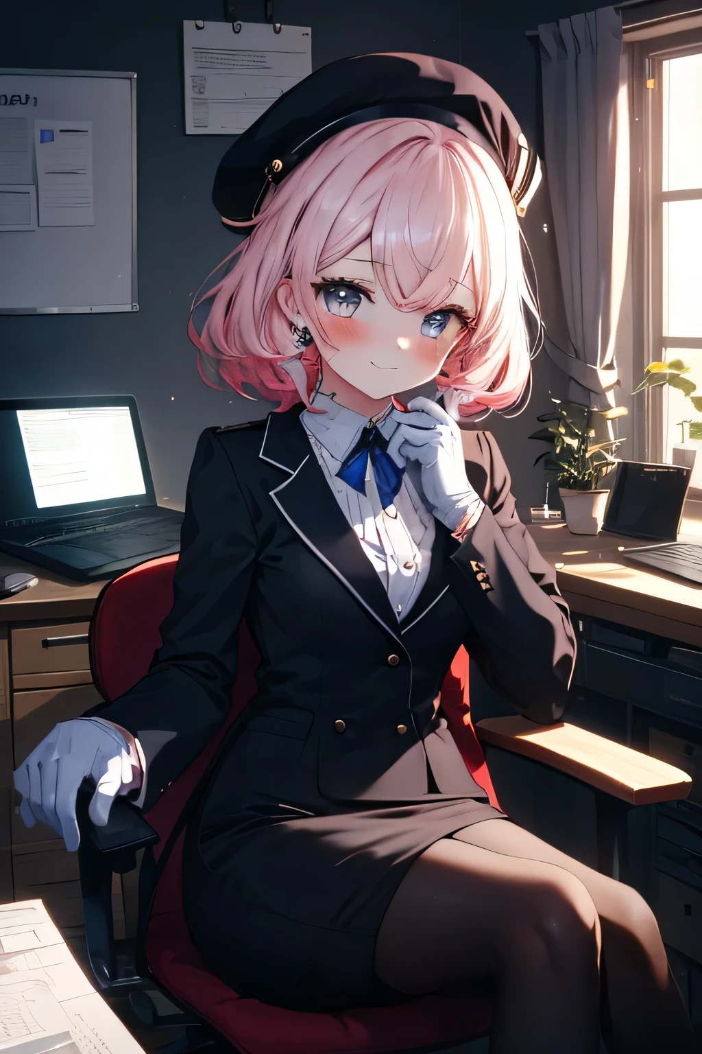 Girl smiling, sitting, building background , building background (office), complete anatomy, graphic effects, first person, Black suit jacket, jacket with collar, White Dress Shirt, white gloves, black pantyhose , collared shirt , neckline, button, correa, white beret, letter(BY Elandir), pink flower, Identification card on the neck , black pencil skirt, blush, looking at the viewer, Charm, mechanical,on your computer, sitting on a chair, interior,Pausa de toque ciego looking at the viewer