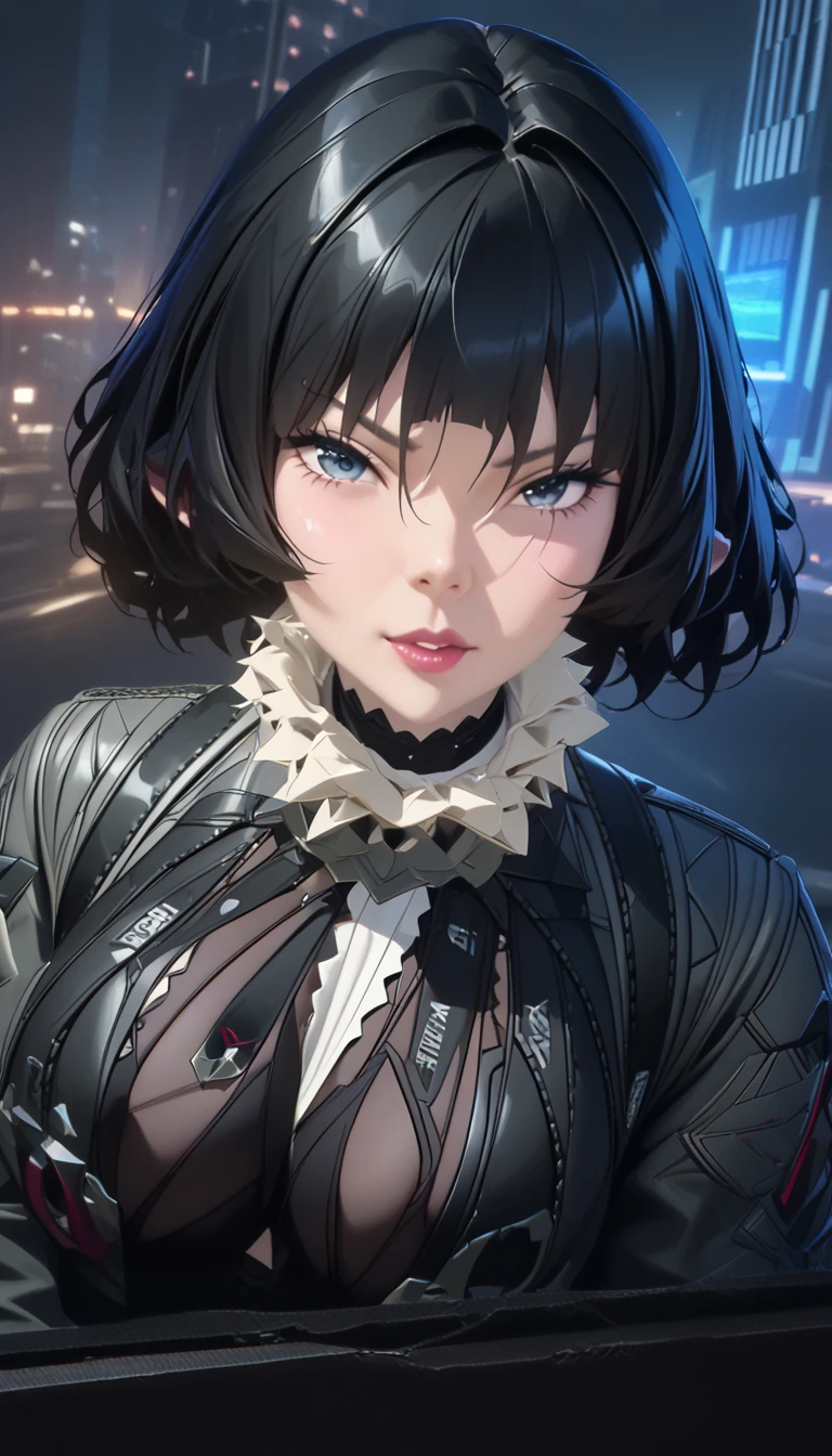 masterpiece,  high quality image ,  high definition, fighting stance,  leans forward, smooth tail,   anime style, bends in the back ,  small chest , elastic ,  Looking at the viewer ,  portrait of a girl , cyberpunk city, Night, emphasis on the face. 4K image, photo and gross, smooth tail,  Sportswear , stands at full height, ( the body is completely 1.1.),  Photorealistic , whole body, 1 girl, standing,  pretty face,  very detailed eyes ,  seductive expression , draw a smile, necklace:1.6, torn stockings, (white collar button down длинный sleeve shirt),черные gloves, gloves, covering hands, ( black leather corset), (shiny black leggings), sensual lips, show details in the eyes, Looking at the viewer, Elegant living room, Nightю, Jane Doe \(Zenless Zone Zero\)