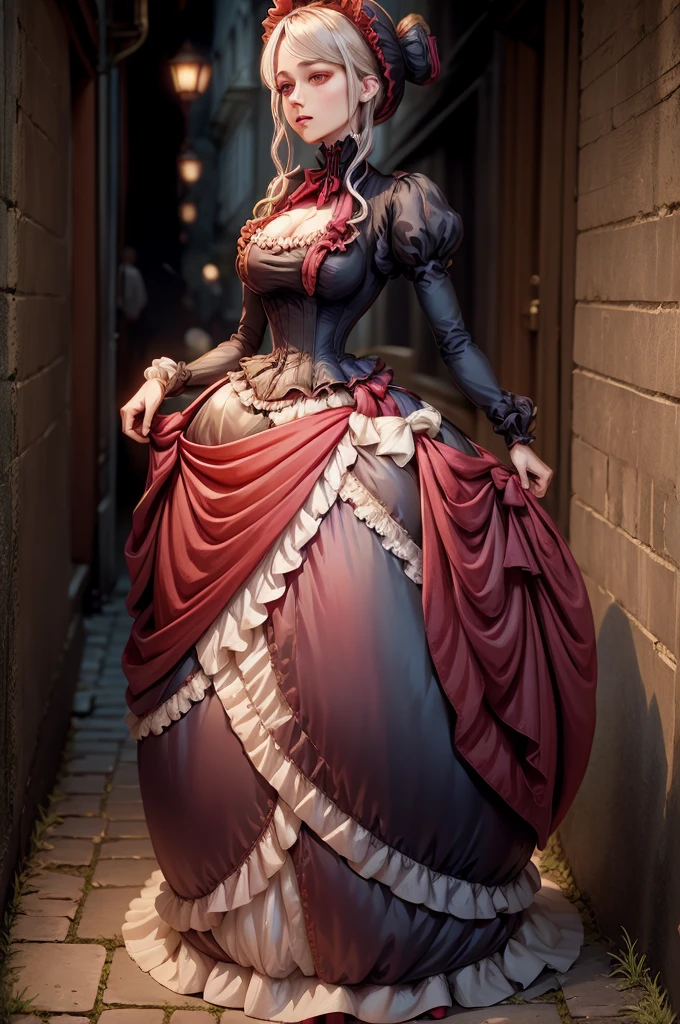 Noble ladies fashion full body in Victorian Era dress red, blue, green a conservative full body pose of a 1910 woman wearing a small hat and business attire and a long skirt , standing in a dark alleyway with gas lighting, a full moon in the background, beautiful character painting,Extremely dark 