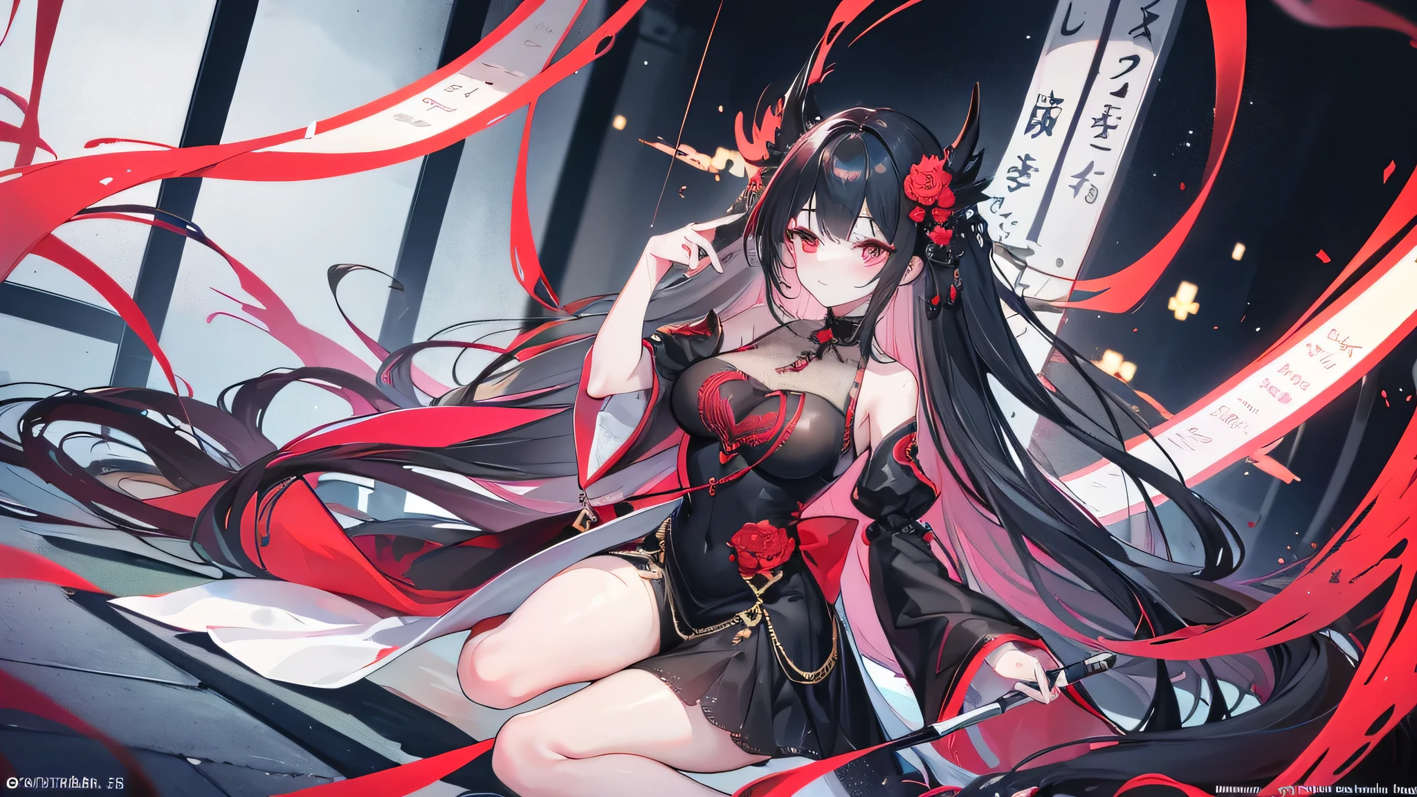 Exquisite eyes),(Clear and beautiful eyes:1.61),masterpiece, 1 young girl,(Black clothes and some red gems), Black long hair, (She has a huge red gem on her chest), Good Hand,((The Havoc of StarCraft)),full-body shot,Fighting Stance,(Red Eyes:1.466),short and small,(Very big breasts:1.35),(Pretty Face),(full-body shot:1.33),Beautiful hands