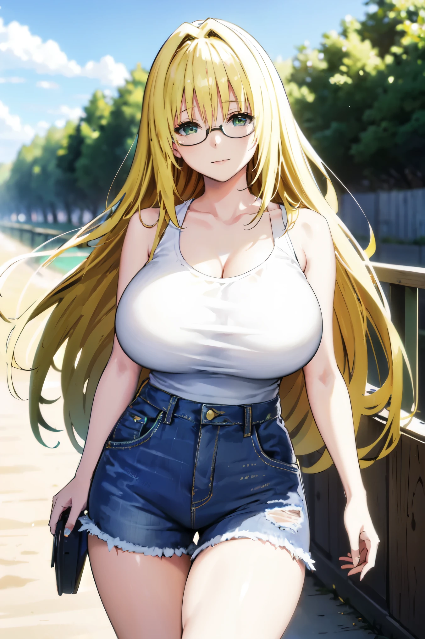 blonde hair, very huge tits , (( white tank top, short pants jeans)), ((glasses))), thick, busty, green eyes, long hair, upperbody, smile, legs, thigh, at beach, sky