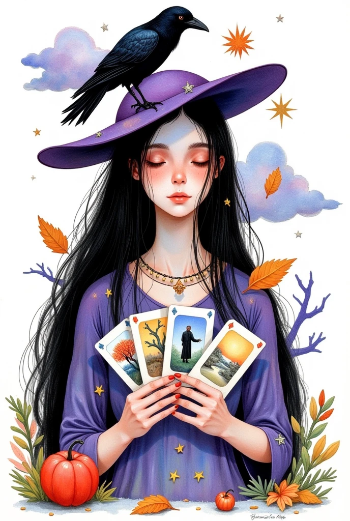 young woman, black crow on shoulder , closed eyes ,  purple witch hat ,  holds fortune cards in her hands,  jewelry , autumn leaves, long hair, compose,  black hair,Painting \(medium\),  purple shirt, signature ,simple background,One, A star  \(sky\), A star  \(symbol\), traditional media ,watercolor \(medium\),white background