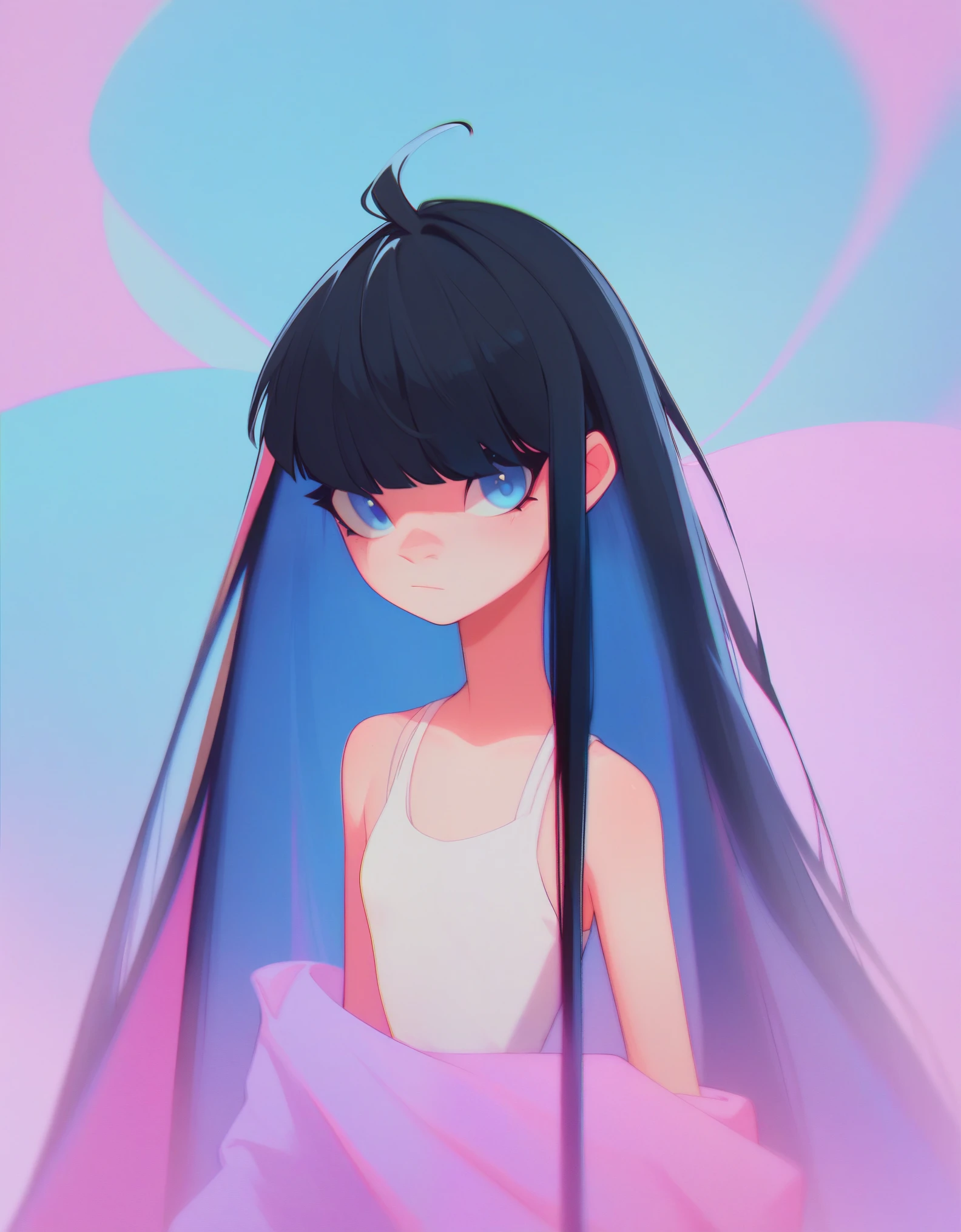 muse_style, score_9, score_8_up, score_7_up, hd, ultra hd quality details, 8K, 1girl, Lob (long bob), small , flat chest, Thin-legged body, blue eyes, Black hair, chromatic aberration, colorful, bright colors,, 2d illustration, pastel colors,