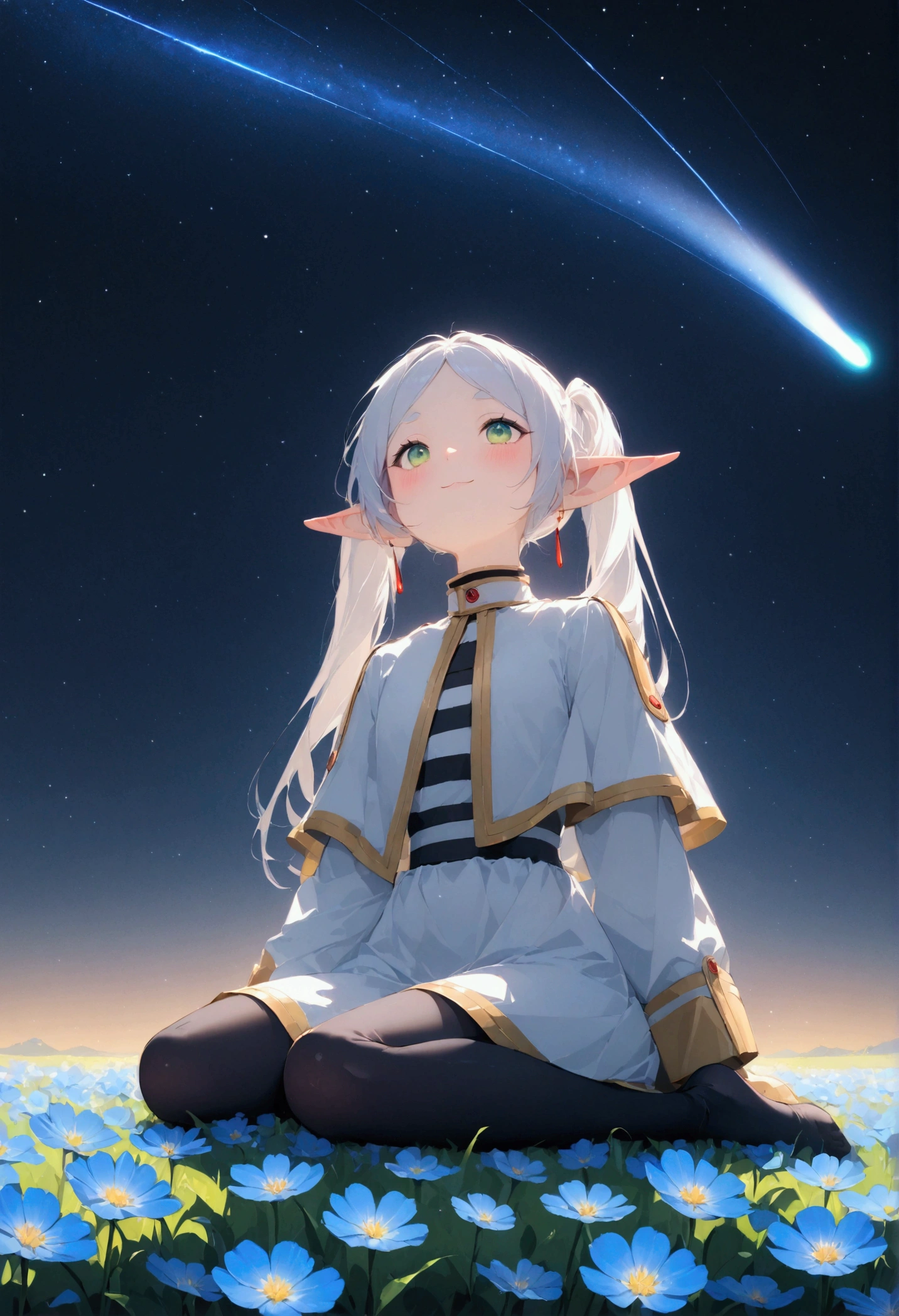  High image quality 、masterpiece、   high quality、Full HD、4K、 standing、 one girl sitting on the ground 、 Funeral Freelen、 Silver Hair、 twin tails、Green Eyes、Elf Ears、 White Dress 、 striped inner、skirt with gold hem 、Black tights、 flat chest、Blushing cheeks 、 looking up at the sky 、Look Up、smile、Blue Flower Field、Standing in a flower field、Night Sky、 shooting stars、Meteor Shower