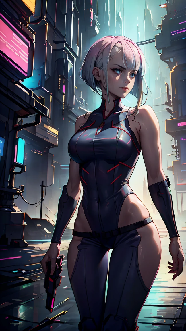 cyberpunk.
Bionic Ciri.witcher.Wearing a mask.
beautiful angle.
dynamic pose.
Muscles.
fantasy.
Drawing with colored pencils.comic.Art.