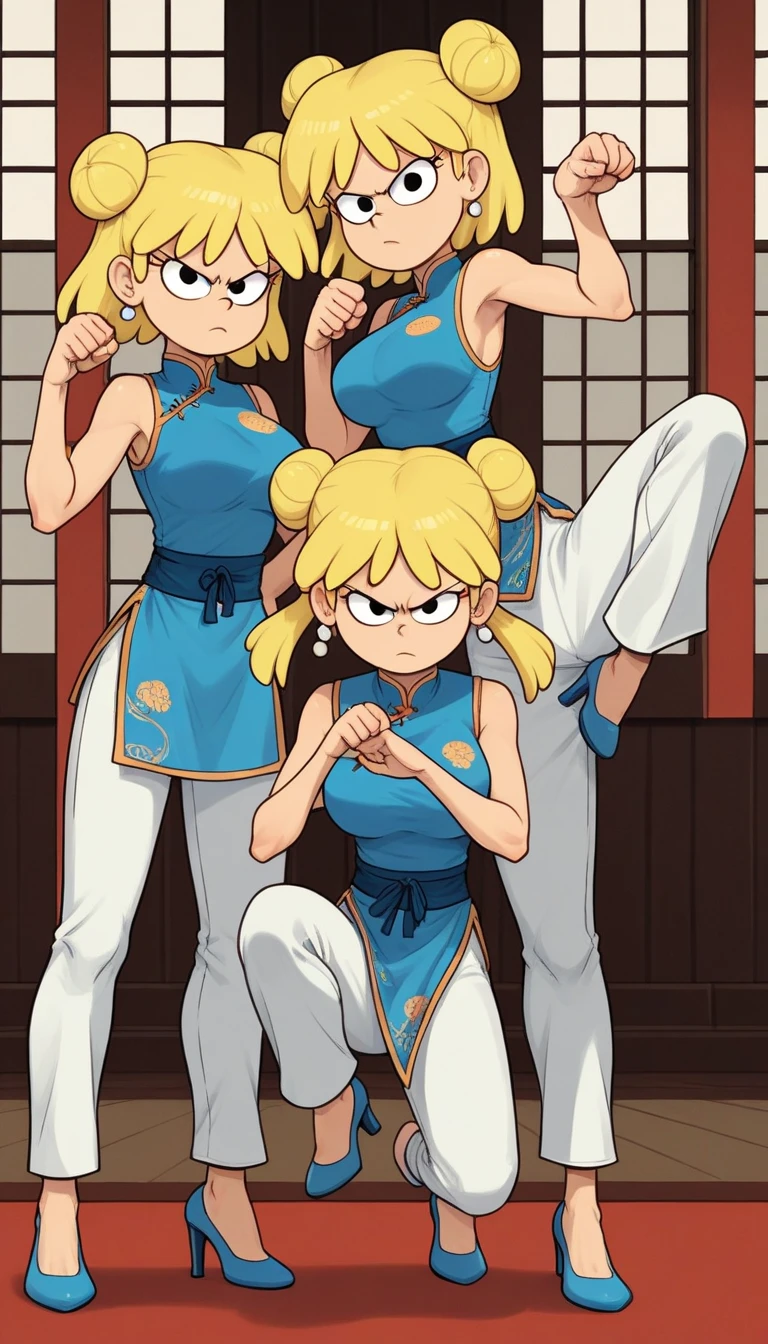 lori loud, 3girl, trio, 24yo girl, blue cheongsam,  inside of a chinese style temple, large breasts, looking at viewer, blonde hair, short hair, two hair buns , hands  score_9, score_8_up, score_7_up, high heels,teep fighting stance,martial arts, long pants, triplets