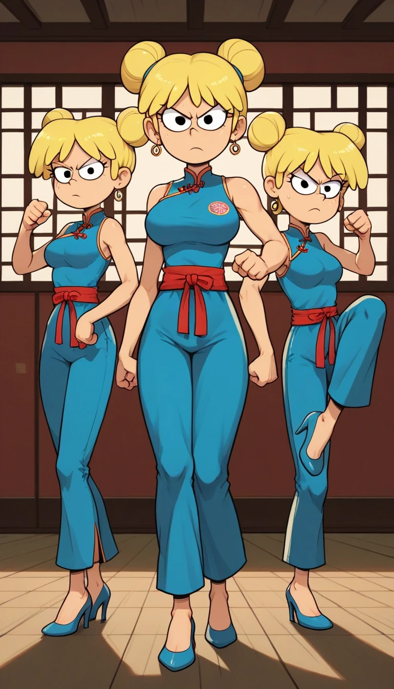 lori loud, 3girl, trio, 24yo girl, blue cheongsam,  inside of a chinese style temple, large breasts, looking at viewer, blonde hair, short hair, two hair buns , hands  score_9, score_8_up, score_7_up, high heels,teep fighting stance,martial arts, long pants, triplets