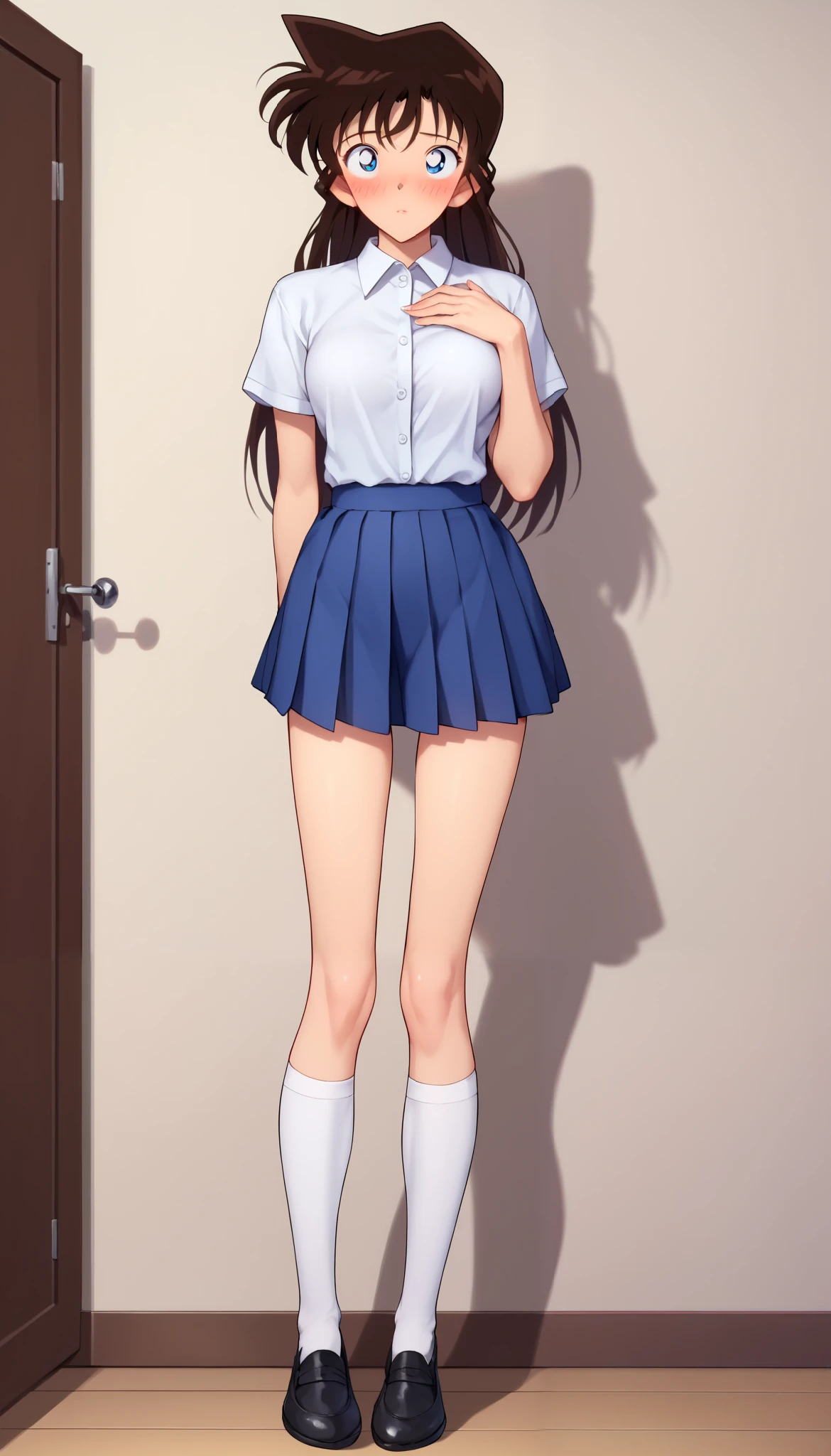 RanMoriDCXL, ran mori, detective conan, blue eyes, dark brown hair, blush, long hair, 1 pointed hair, bangs, ((thigh high socks:1.0)), medium breasts, slender body, ((tall body:1.2)), ((long legs:1.0)), red face, ((hesitant)), shy, ((face looking to the side down:1.2)), wrinkle lips, short sleeve white shirt, top button undone shirt, blue pleated short skirt, white stockings, black shoes, solo, standing, looking at viewer, indoors, facing viewers, front view, full body front view, straight front no angle, zoom out, both hands on chest, standing straight, fully button shirt, close shirt