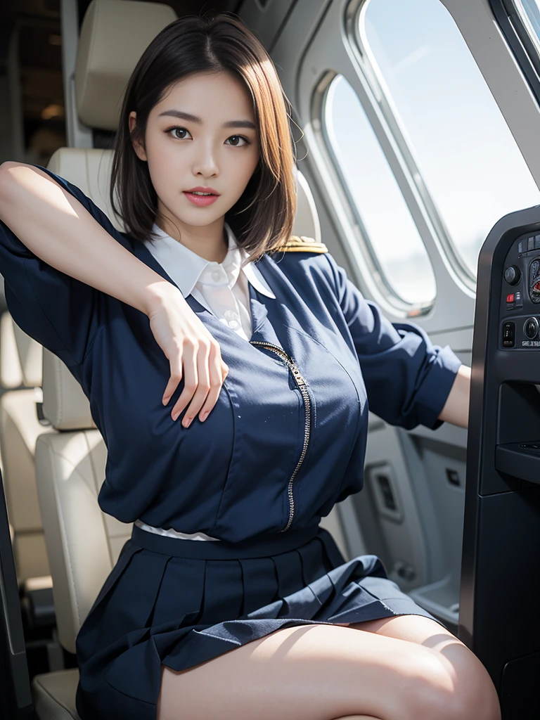 (Super beautiful)、(ultra beautiful faces)、Japan flight attendants、(Clear pubic contours)，(spreads her legs:1.1)、(Cabin Attendant Uniform:1.3)、Brown hair、(white  panties)、Passenger seat on airplane、(At SFW:1.1)、The protrusions of her nipples are clearly visible through her uniform.、