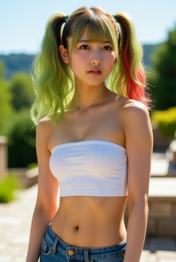 Create the most professional and realistic portraits including light, color, texture, atmosphere and face in high definition UHD. A photograph of a fit and strong young woman standing outdoors on a sunny day. She has long wavy light green and red hair tied in two high ponytails and wears a white strapless crop top that emphasizes her chest, paired with blue shorts. She has fair skin, large expressive eyes, and full red lips. The background shows a clear blue sky, green trees, and the distant horizon. The scene looks like a patio or terrace paved with stone tiles.