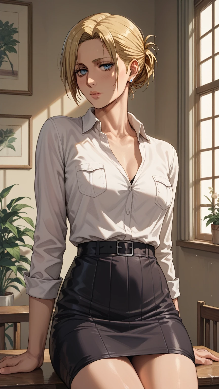 (extremely detailed CG unity 4k wallpaper),(masterpiece),(best quality),(ultra-detailed),(best illustration),(best shadow),(absurdres),(Detailed background),Russian Woman, Short brown hair, Pale Skin, Blue eyes, Long eyelashes, Small breasts, White button up blouse, black pants, wedding ring, Neutral expression, Fancy living room background,