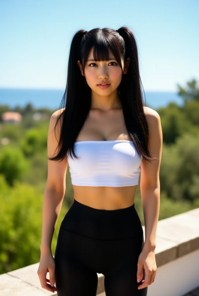 Create the most professional and realistic portraits including light, color, texture, atmosphere and face in high definition UHD. A photograph of an athletic and strong woman standing outdoors on a sunny day. She has long straight black hair tied into two high ponytails and wears a white strapless crop top that emphasizes her small chest, paired with high-waisted black panties and black tights that go up above the thighs. She has light tan skin, large, expressive eyes, and full red lips. The background shows a clear blue sky, green trees, and the distant horizon. The scene looks like a patio or terrace paved with stone tiles.