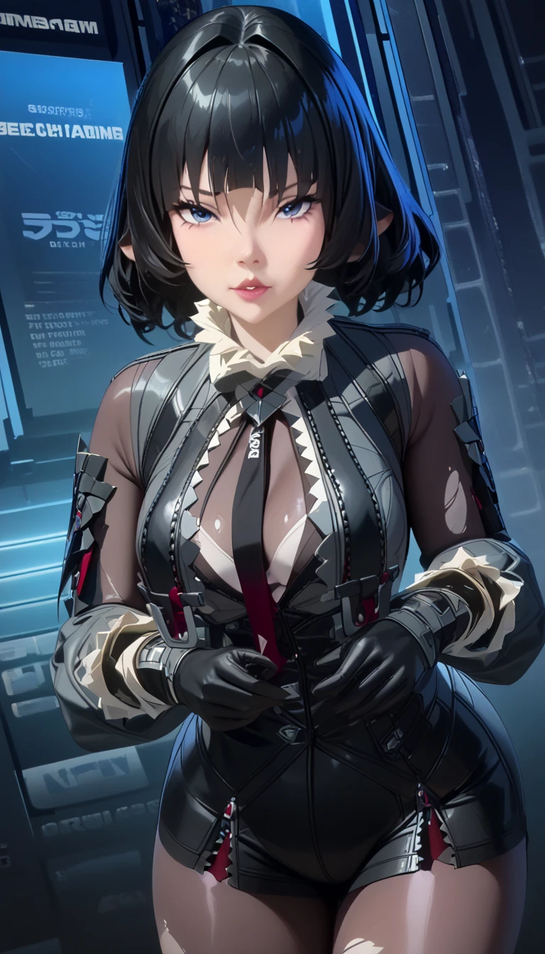 masterpiece,  high quality image ,  high definition, fighting stance,  leans forward, smooth tail,   anime style, bends in the back ,  small chest , elastic ,  Looking at the viewer ,  portrait of a girl , cyberpunk city, Night, emphasis on the face. 4K image, photo and gross, smooth tail,  Sportswear , stands at full height, ( the body is completely 1.1.),  Photorealistic , whole body, 1 girl, standing,  pretty face,  very detailed eyes ,  seductive expression , draw a smile, necklace:1.6, torn stockings, (white collar button down длинный sleeve shirt),черные gloves, gloves, covering hands, ( black leather corset), (shiny black leggings), sensual lips, show details in the eyes, Looking at the viewer, Elegant living room, Nightю, Jane Doe \(Zenless Zone Zero\)