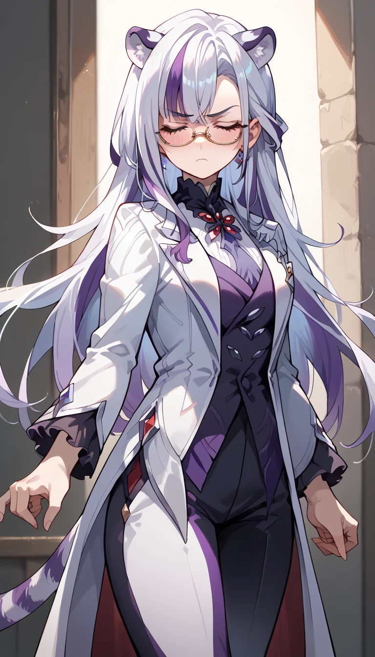 ((masterpiece)), 1girl, solo, long hair, white tiger ears, white tiger tail, closed eyes, standing, blush, serious, primary black suit, secondary purple suit, multicolored suit, purple aura around, looking at viewer, wearing glasses, dominating pose.