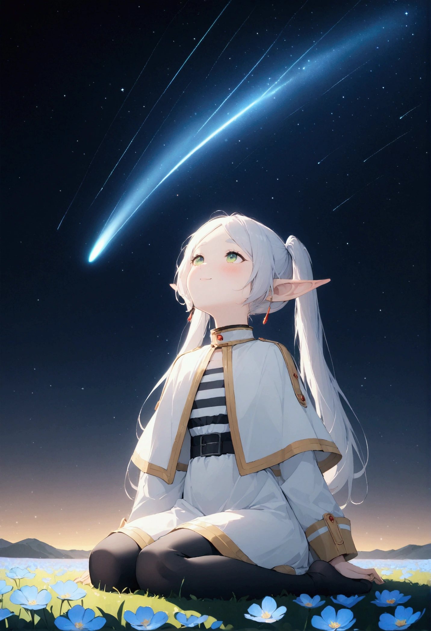  High image quality 、masterpiece、   high quality、Full HD、4K、 standing、 one girl sitting on the ground 、 Funeral Freelen、 Silver Hair、 twin tails、Green Eyes、Elf Ears、 White Dress 、 striped inner、skirt with gold hem 、Black tights、 flat chest、Blushing cheeks 、 looking up at the sky 、Look Up、smile、Blue Flower Field、Standing in a flower field、Night Sky、 shooting stars、Meteor Shower