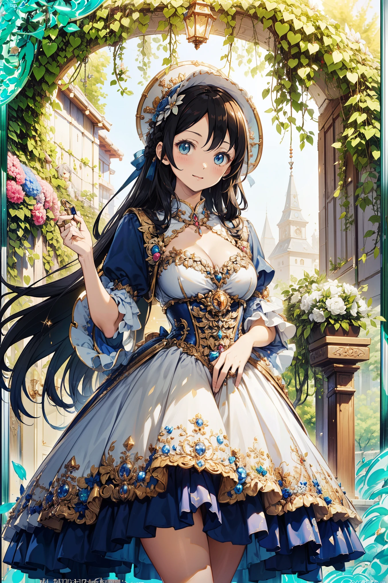  best quality， Ultra High Resolution ，((( super gorgeous beautiful dress is a Rococo Victorian style dress， cute anime art style ))), (Single lady  :1.2: beautiful lower chest :1.2), (  expressive hair :1.1: thick and long hair :1.1),  bangs, (Cowboy shooting:1.1), ( super delicate face :1.3:masterpiece:1.3: extremely detailed:1.3: extremely exquisite and beautiful:1.2:Unity 16K Wallpaper :1.1), ( cute anime art style :1.1),charm， vivid expression 