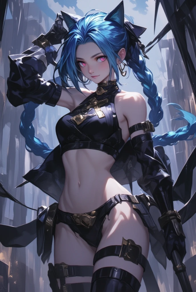 リーグオブレジェンドのJinxの足元を歩く黒猫,((( black cat walks )))、Jinx, League of Legends ,JinxLol、 Details、masterpiece、 high quality、 Hi-Res