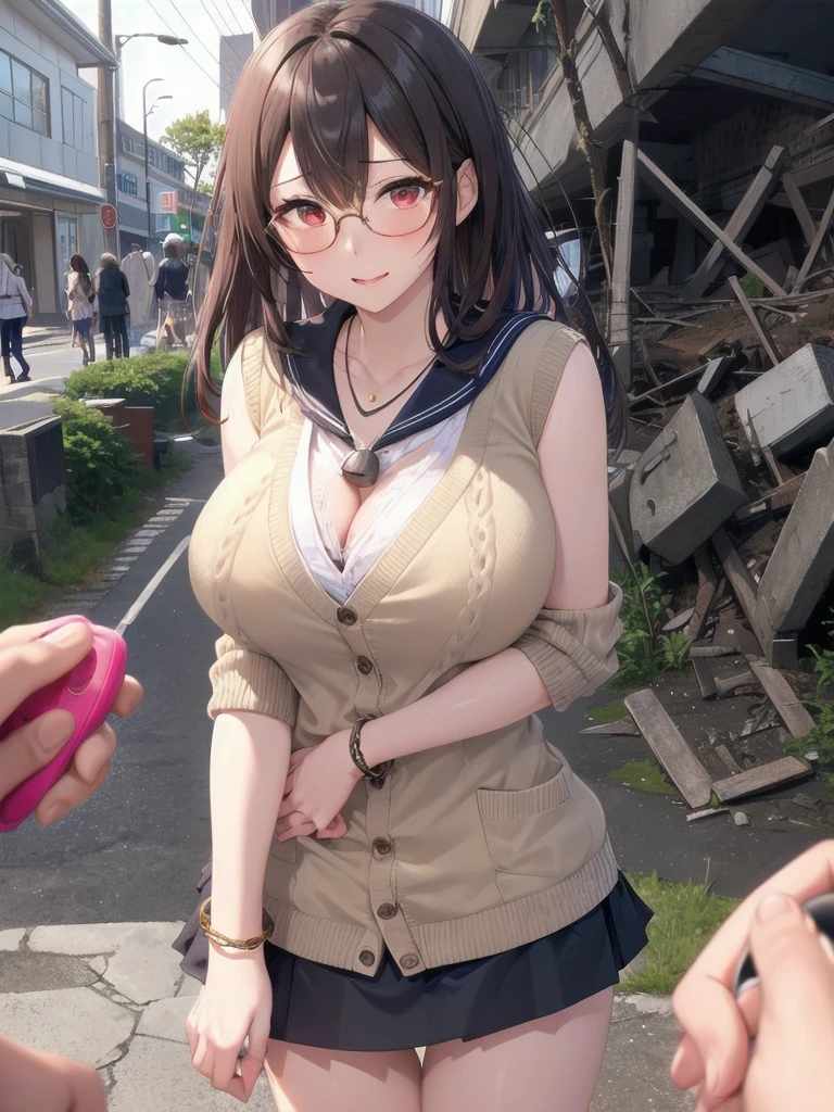     mature woman is open in millimeters  ,   お寺のBig Breasts,  school uniform,  sailor suit, high school girl,    Cardigans   ,   cosplay, Big Breasts,        open your chest wide        , ,(     miniskirt length  :1.3),  (グレーの   フロントクロージャー付き Cardigans   ),  sleeveless high neck top for viewers who place their hands behind the ground , No pants,(    sweated , shiny skin:1.1), (Ruins:1.2),      outdoor     ,sunlight, Spotlight effect,Dark Skies,Strong winds,(    High image quality,      high quality:1.1),      complicated details ,         Movie Writing   ,      1 girl,(,  Because she's embarrassed ),(     necklace     ,      Bracelets),(Remoteプレイ:1.2), (Remote_vibration:1.2), (( hand:1.3))、   Dynamic pose of a ladle holding a ladle  ,Glasses