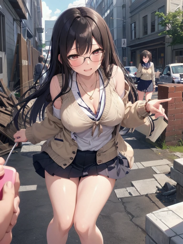     mature woman is open in millimeters  ,   お寺のBig Breasts,  school uniform,  sailor suit, high school girl,    Cardigans   ,   cosplay, Big Breasts,        open your chest wide        , ,(     miniskirt length  :1.3),  (グレーの   フロントクロージャー付き Cardigans   ),  sleeveless high neck top for viewers who place their hands behind the ground , No pants,(    sweated , shiny skin:1.1), (Ruins:1.2),      outdoor     ,sunlight, Spotlight effect,Dark Skies,Strong winds,(    High image quality,      high quality:1.1),      complicated details ,         Movie Writing   ,      1 girl,(,  Because she's embarrassed ),(     necklace     ,      Bracelets),(Remoteプレイ:1.2), (Remote_vibration:1.2), (( hand:1.3))、   Dynamic pose of a ladle holding a ladle  ,Glasses