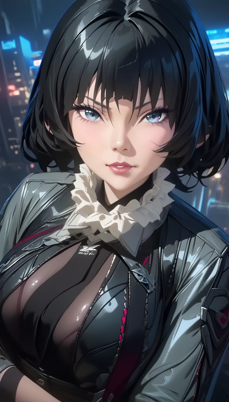 masterpiece,  high quality image ,  high definition, fighting stance,  leans forward, smooth tail,   anime style, bends in the back ,  small chest , elastic ,  Looking at the viewer ,  portrait of a girl , cyberpunk city, Night, emphasis on the face. 4K image, photo and gross, smooth tail,  Sportswear , stands at full height, ( the body is completely 1.1.),  Photorealistic , whole body, 1 girl, standing,  pretty face,  very detailed eyes ,  seductive expression , draw a smile, necklace:1.6, torn stockings, (white collar button down длинный sleeve shirt),черные gloves, gloves, covering hands, ( black leather corset), (shiny black leggings), sensual lips, show details in the eyes, Looking at the viewer, Elegant living room, Nightю, Jane Doe \(Zenless Zone Zero\)