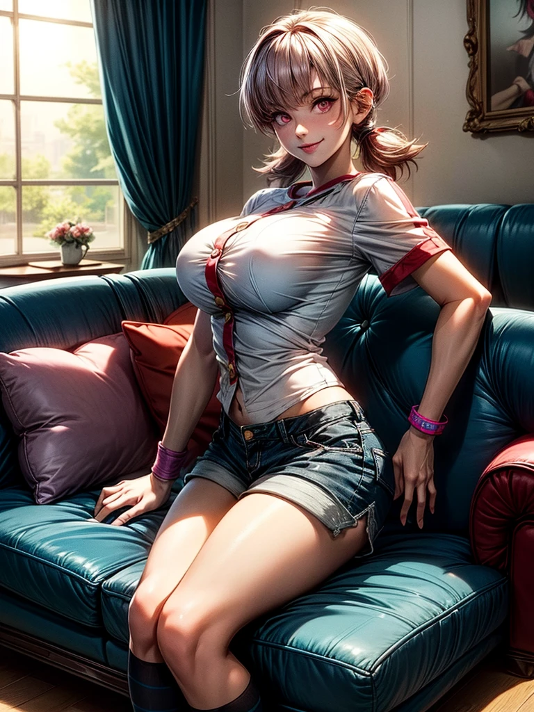 perfect, masterpiece, solo, slim figure, ample bosom, busty, large breasts, looking at the viewer, laying down on sofa, resting on sofa, smile, defwhitney, hair ornament, white shirt, buttons, short sleeves, blue shorts, wristband, striped socks, pink eyes