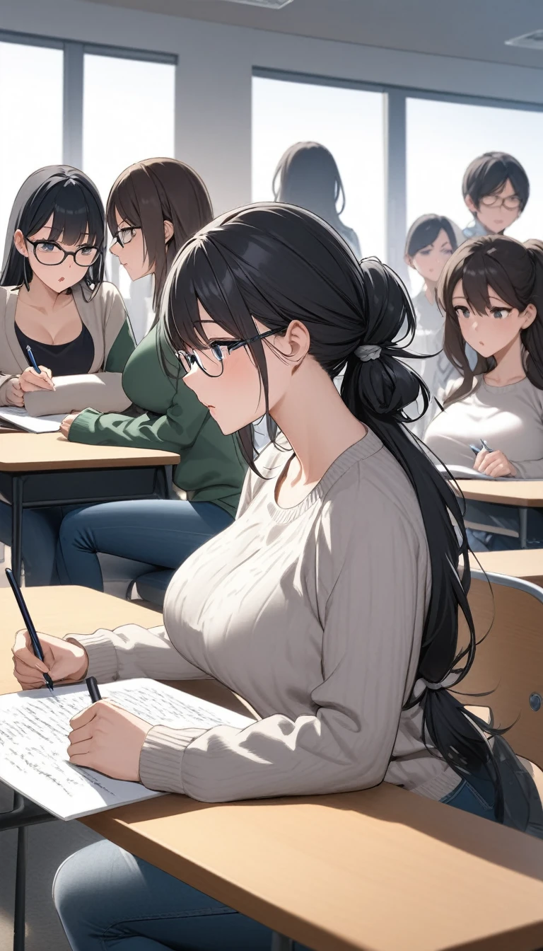 Adult female, highly detailed, glasses, short and messy black hair tied back, blue eyes with black pupils, focused, college classroom during lecture, black cardigan, perfect eyes, expressive eyes, high quality, walking, busty, sitting, writing one-handed, expressionless, mysterious, far away, mixed class