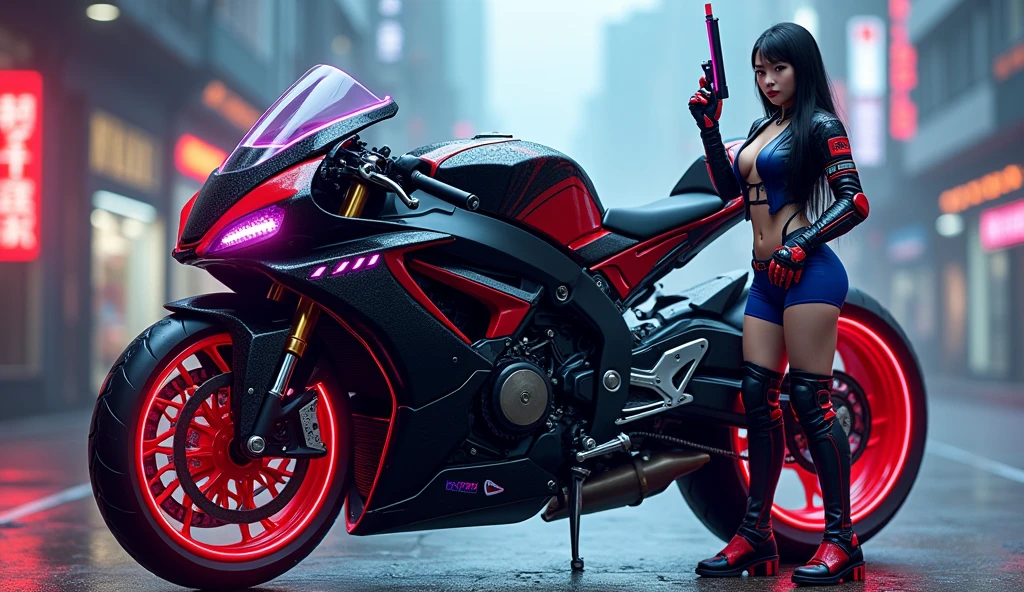Black Tech Helmet, Blonde Flowing Long Hair, Sexy Black Mechanical Suit Blonde Long Hair Cyber Sailor Holding Cyber Mechanical Motorcycle with Both Hands, Blonde Flowing Long Hair, Black Full Surround Helmet, Nousr, Biomechanics, MSHN Robot Man, High Tech Helmet, Surreal, Steel, Intricate Design, Crazy Details, Fine Details, Extremely Clear Lines, Cinematic Lighting, Photo Realistic, Detailed Masterpiece