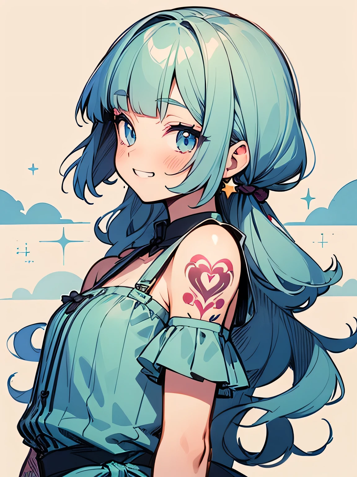 1 girl、anime painting、Dark blue hair、Bobcut、Beautiful green eyes、Grin、Vibrant colors、black and white tube top bra、Gingham check tube top bra、Upper body close-up、I was happy、Fold your arms in front of your chest、Looks like a lot of fun