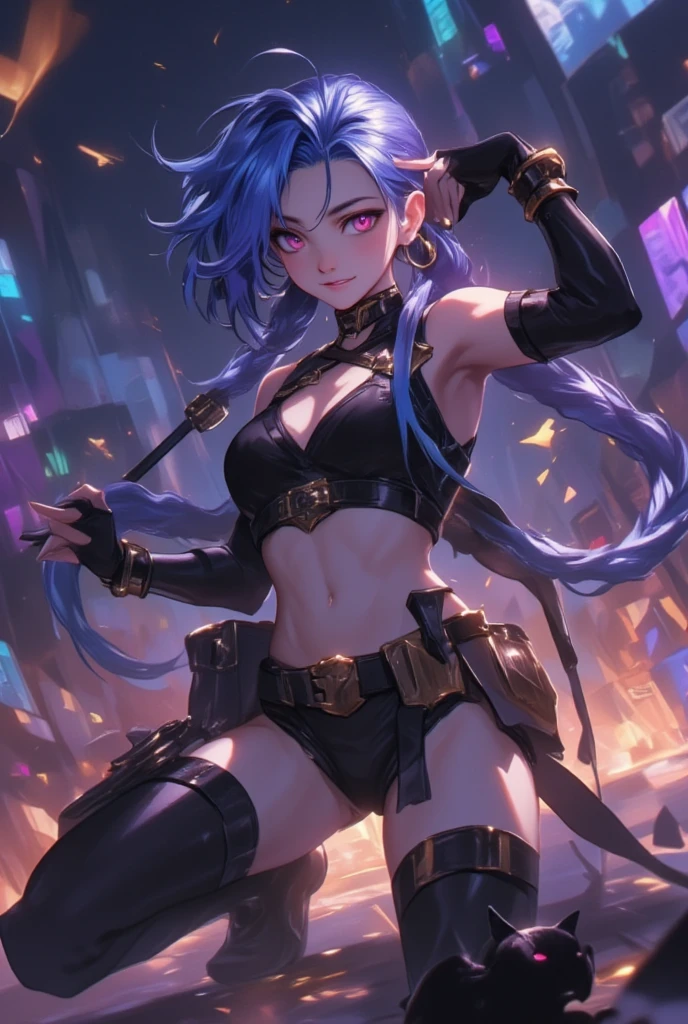 リーグオブレジェンドのJinxの足元を歩く黒猫,(((Black cat at your feet)))、Jinx, League of Legends ,JinxLol、 Details、masterpiece、 high quality、 Hi-Res