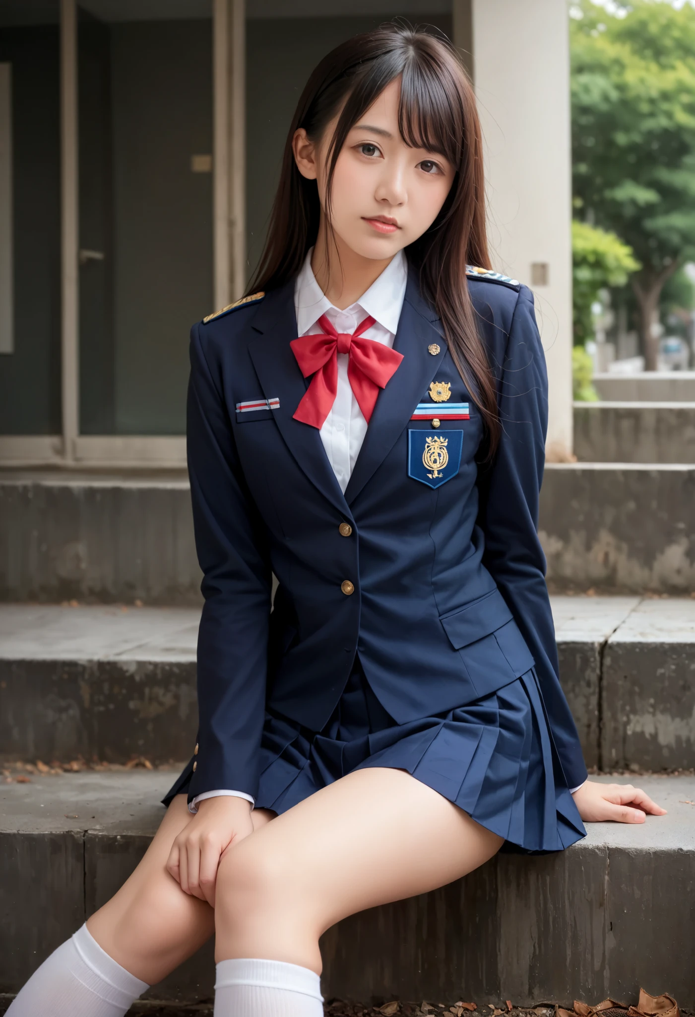 best quality,masterpiece,ultra high res,(photorealistic:1.2),raw photo,(Authentic skin texture:1.2), A beautiful Japanese girl, Photo of Pretty Japanese idol (beautiful:1.1),Ultra-high resolution,Ultra high definition,,Wearing a skirt and knee-high socks, JK Uniform, Japanese School Uniform, Japan Girls' Uniform, Dressed as a high school girl, Girl in uniform, high school girl, Girl in suit, 