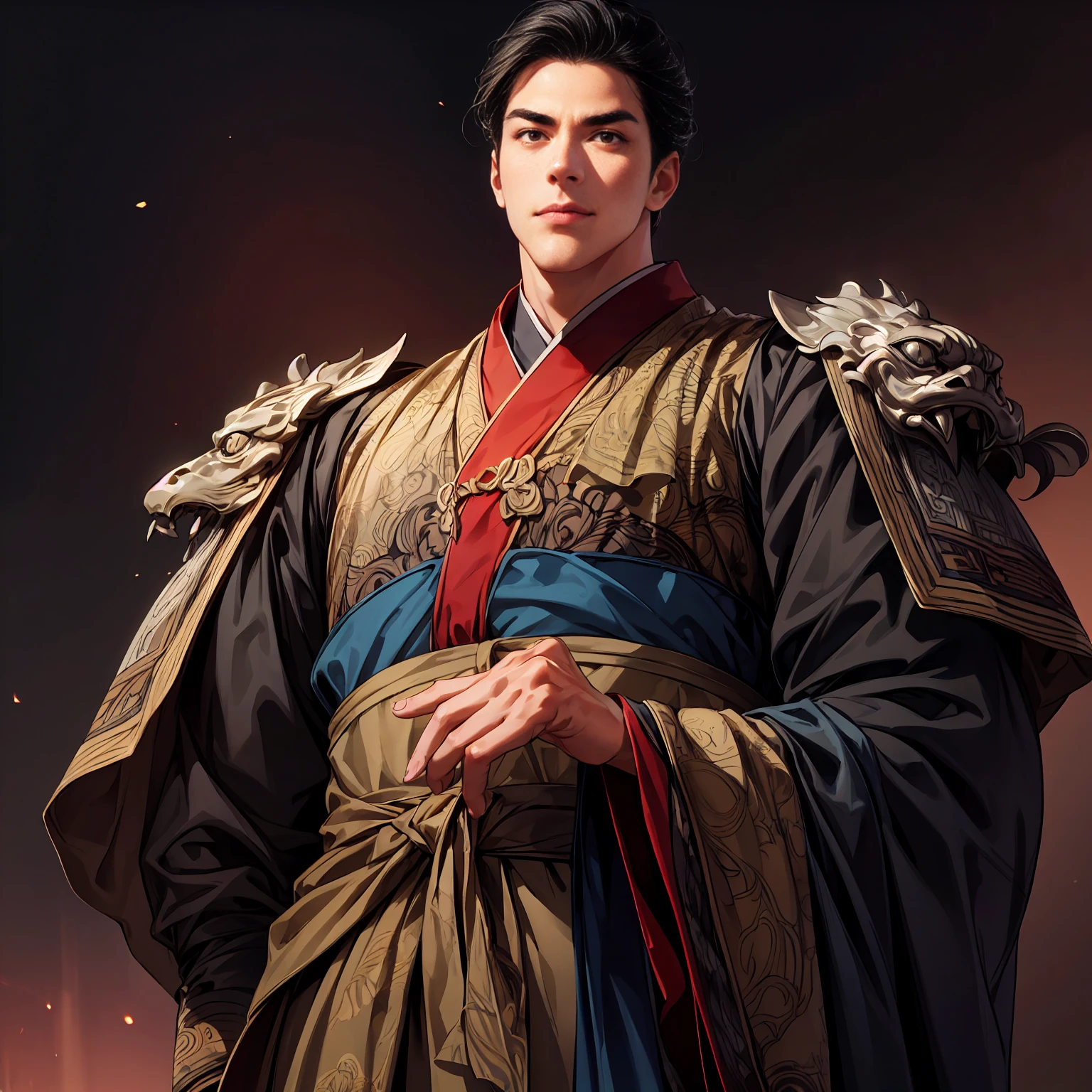 (Best Quality,4K,8k, Hi-Res,masterpiece:1.2),Super detailed,(Realistic,photoRealistic,photo-Realistic:1.37),1 person,3, mature male ,とても handsomeな,No facial expression,smile,Short gray-black hair,perfect eyes, handsome, ancient chinese armor、 perfect face with no errors,Intimidating posture, slender:1.2, Ancient Chinese Generals ,Office Background, Movie Lighting,HDR images, cowboy shots:1.3, from below, worm's eye view:1.1, white background:1.3,simple background:1.2