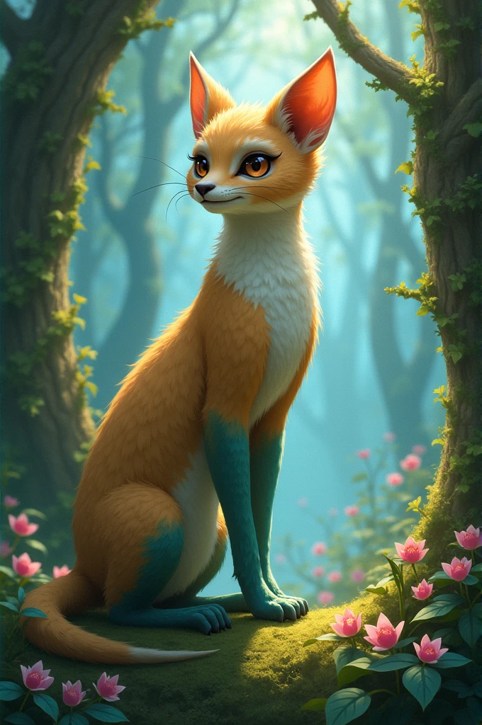 a green fox, with bright white eyes wearing a crown, and a red sleeveless shirt